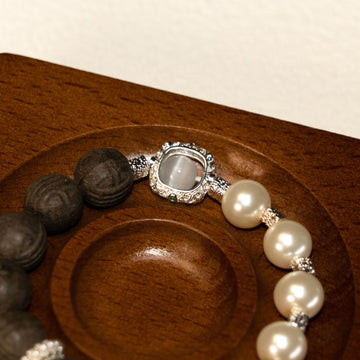 Blackwater Quartz & Cat's Eye Wealth Vortex Bracelet w/ Natural Pearl