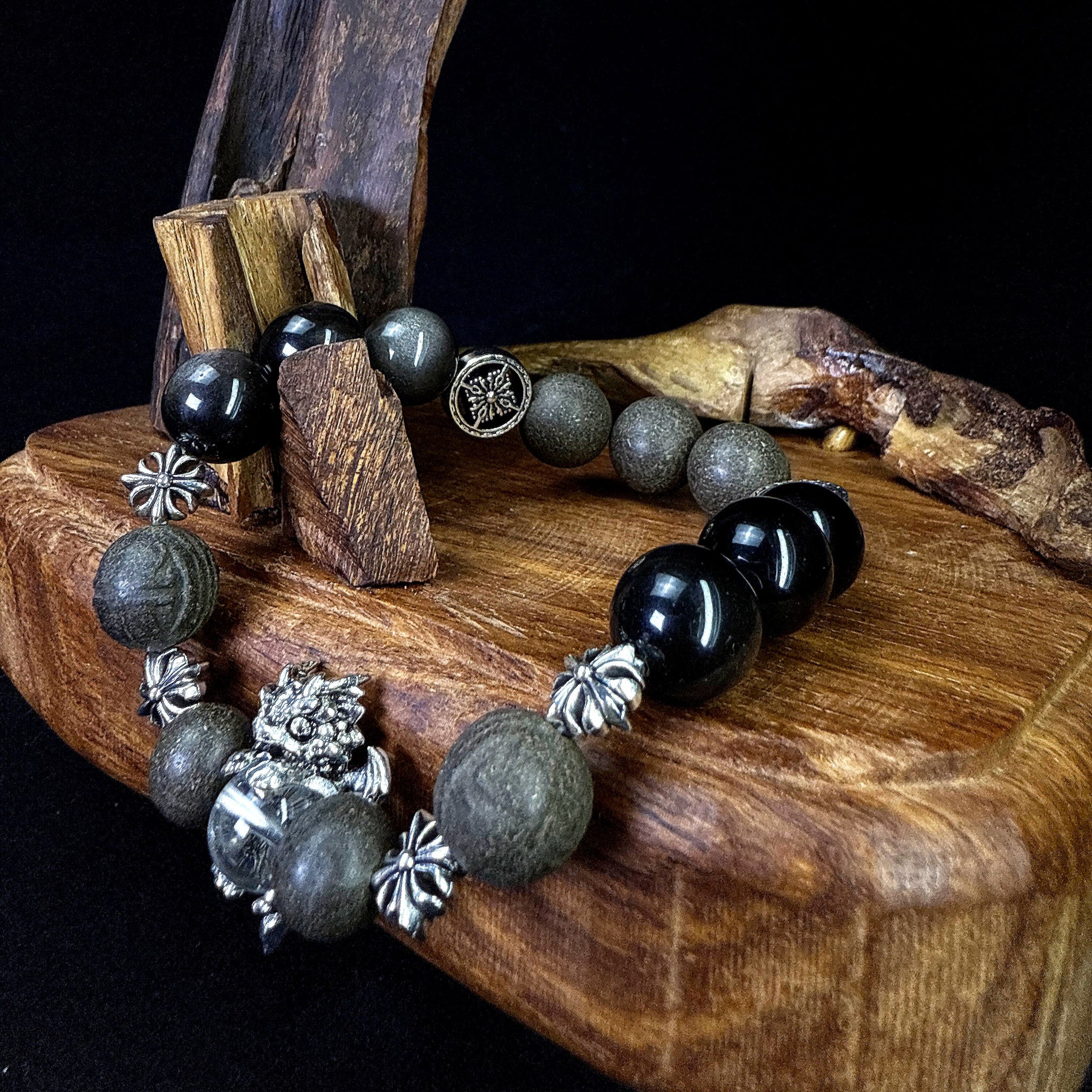 Silver Obsidian & Clear Quartz Herbal-Infused Vital Fire Bracelet